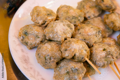 Deep fried skewers Chinese street food in Nankin-machi neighborhood in Kobe, Japan. photo