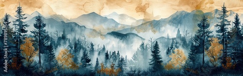 Hand Drawn Watercolor Forest Landscape with Green Fir and Spruce Trees as Background Illustration