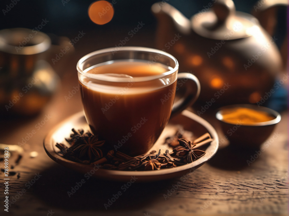 Aromatic Indian Masala tea chai a traditional, milk tea infused with ginger, black pepper, cloves, cinnamon, and green cardamom, served in a tea cup Aromatic Indian Masala tea chai a traditional, milk tea infused with ginger, black pepper, cloves, cinnamon, and green cardamom, served in a tea cup