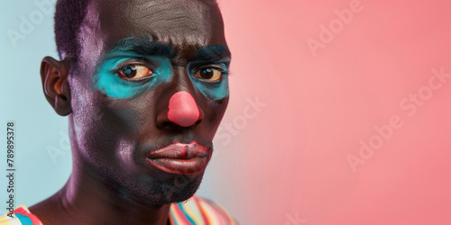 African American man with clown face exhausted circus joker emotions unhappy depressed performer sadness depression melancholic expression make-up worried dressed actor backstage circus. Copy paste