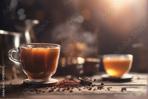 Aromatic Indian Masala tea chai a traditional, milk tea infused with ginger, black pepper, cloves, cinnamon, and green cardamom, served in a tea cup