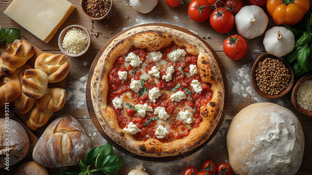 Food photography of a mediterranean italian pizza on a light background, top view, ingredients and different baked breads sprinkeled around, a ball of dough next to the pizza. Food photography of a mediterranean italian pizza on a light background, top view, ingredients and different baked breads sprinkeled around, a ball of dough next to the pizza.