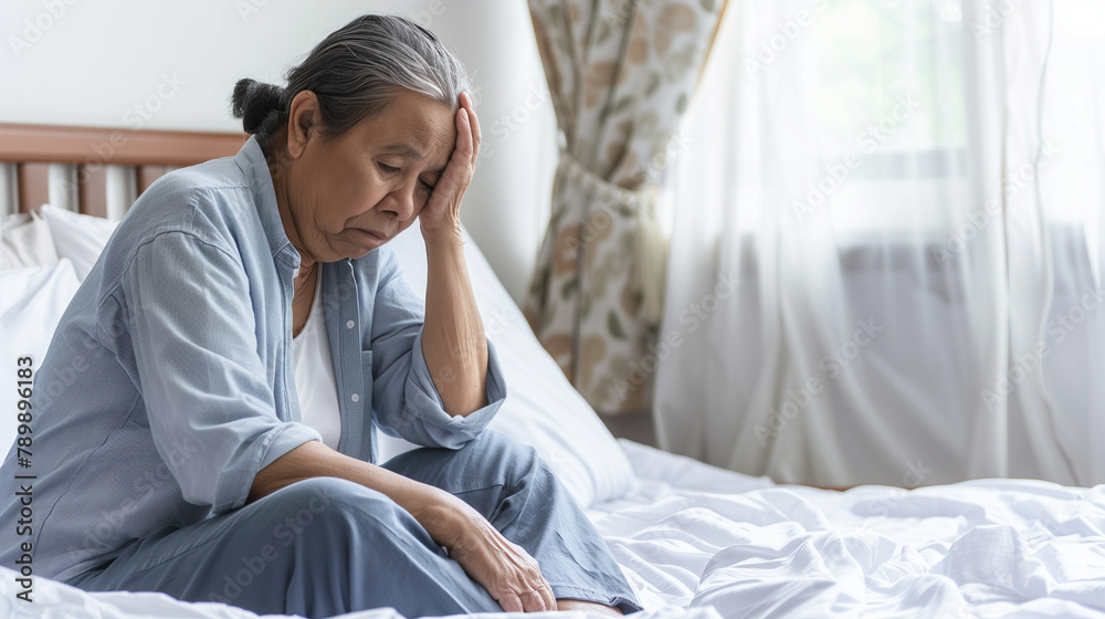 Fototapeta premium copy space, stockphoto, elderly hispanic woman sitting on bed, having a depression. Mental health of elderly people, senior woman sitting on the bed, feeling lonely. Mental health problems, depression