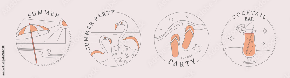 Set of line art summer icons with cocktail, flamingo, beach ubmrella and flip flops. Set of summer posters. Vector illustration Set of line art summer icons with cocktail, flamingo, beach ubmrella and flip flops. Set of summer posters. Vector illustration