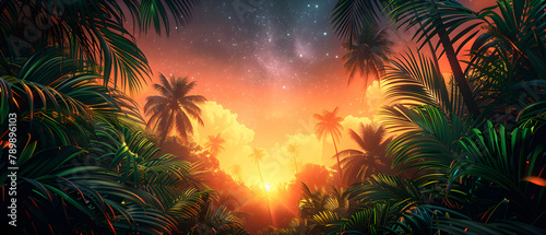 Beautiful summer evening starry sky background with sunset over coconut trees  © Atipong