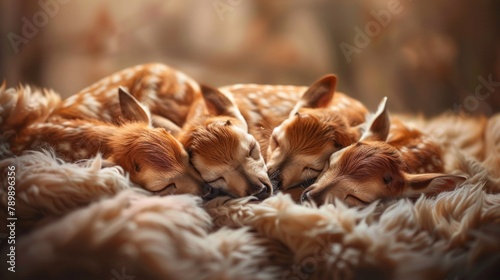 A group of baby deer laying on top of a pile of fur © Maria Starus