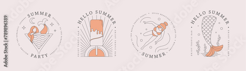Set of line art summer icons with swimming girl, cosmopolitan cocktail, mermaid and ice cream. Set of summer posters. Vector illustration