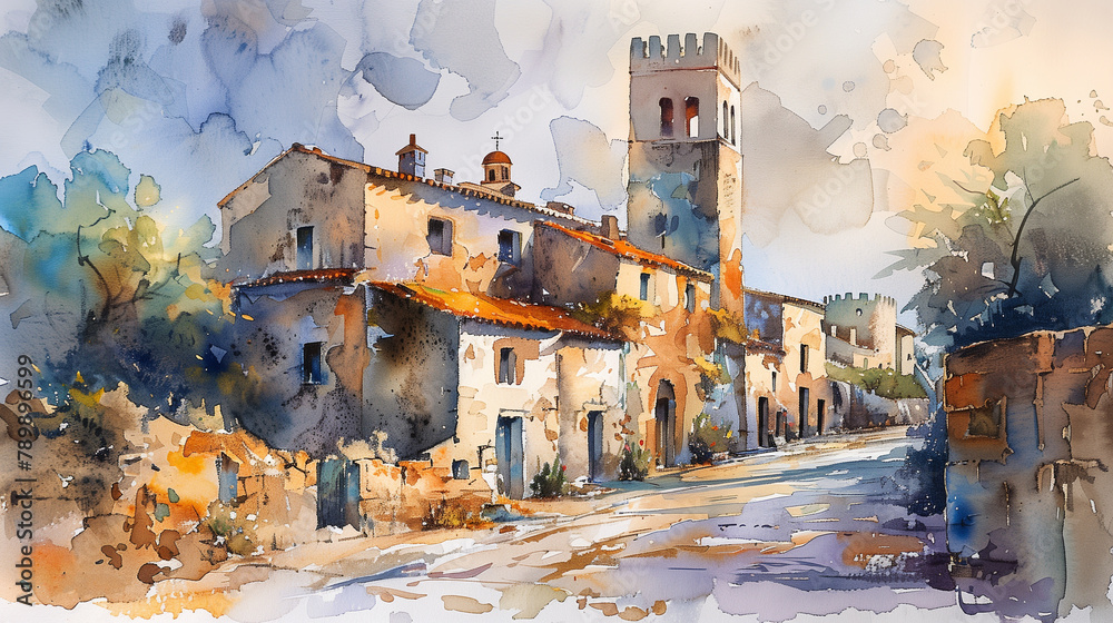 Obraz premium An old building with a tower in watercolor, Generative AI