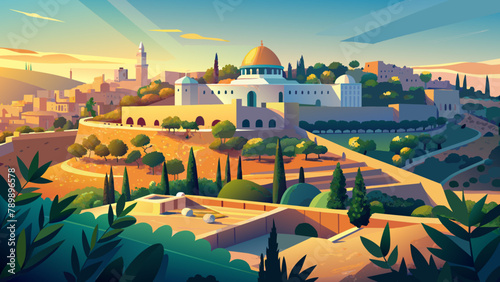 Mount of Olives: digital vector illustration in bright colors.Colorful Mount of Olives: vector illustration of architectures.Vector landscape of the Mount of Olives.made in bright colors. web design