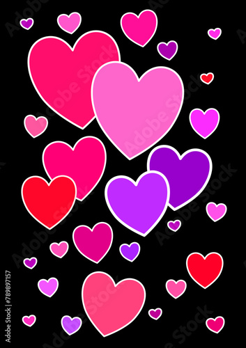 Love, black background with hearts of different sizes and colors, concept romantic.