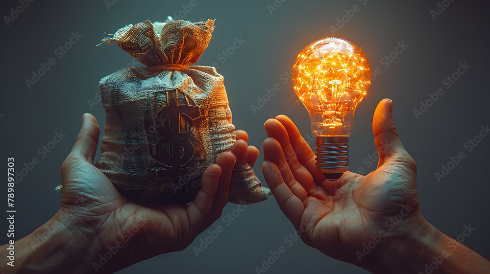A hand holding light bulb other hand holding money Idea trading for money concept for business idea sell, buyer and customer - obrazy, fototapety, plakaty 