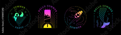Set of fluorescent line art summer icons with swimming girl, cosmopolitan cocktail, mermaid and ice cream. Set of summer posters. Vector illustration