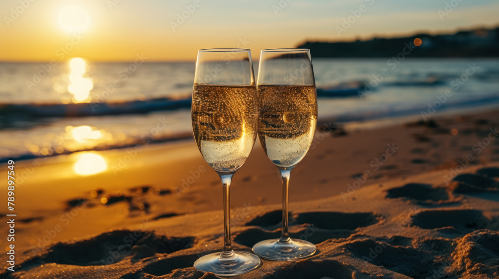 Two glasses of champagne on the beach at sunset with sea on the background. Romantic evening on the sand, by the sea.