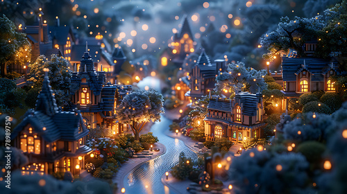 blue night low angle In the center winding road cute Create an image of a charming village scene with a soft isometric perspective. Generative Ai