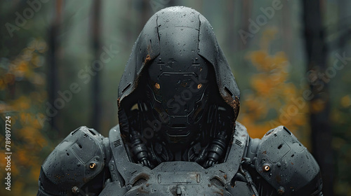 An AI-powered suit of armor that adapts to environmental conditions and threats, blending technology with knightly lore photo