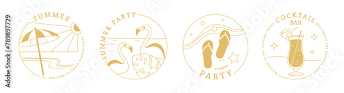 Set of line art summer icons with cocktail, flamingo, beach ubmrella and flip flops. Set of summer posters. Vector illustration