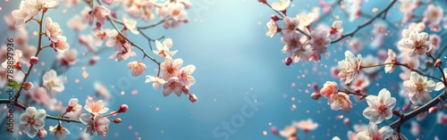Blue Blossom Springtime Banner: Pastel Nature Background with Lovely Blooms from Top View