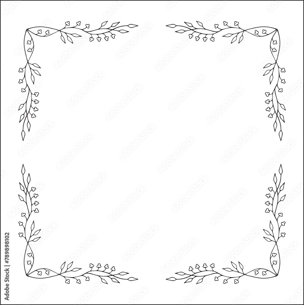 Black and white vegetal ornamental frame with leaves and flowers, decorative border, corners for greeting cards, banners, business cards, invitations, menus. Isolated vector illustration.	
