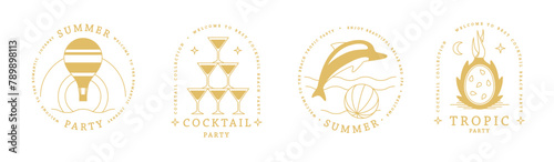 Set of line art summer icons with hot air balloon, cosmopolitan cocktail, dolphin and pitahaya. Set of summer posters. Vector illustration