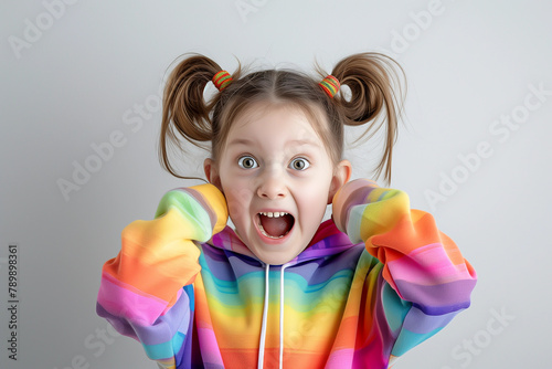 Arafed girl with ponytails and rainbow sweatshirt holding up her ears, Kid learning. Generated AI 