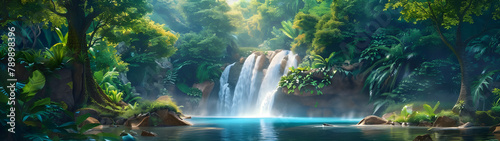 Exotic waterfall and lake landscape background - Ai Generated © Muhammad