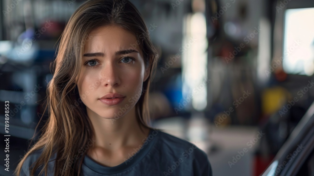 Close-up of a worried female customer in a mechanic shop, her face showing concern and eyes searching for reassurance, minimal background with soft lighting to enhance the emotional impact.