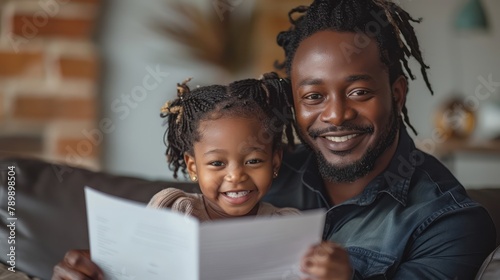 a father held his daughter  sat on the sofa  and read a letter to her with a smile. My father is in his thirties and is a very gentleman. The daughter is 4 years old sitting on her father s lap.