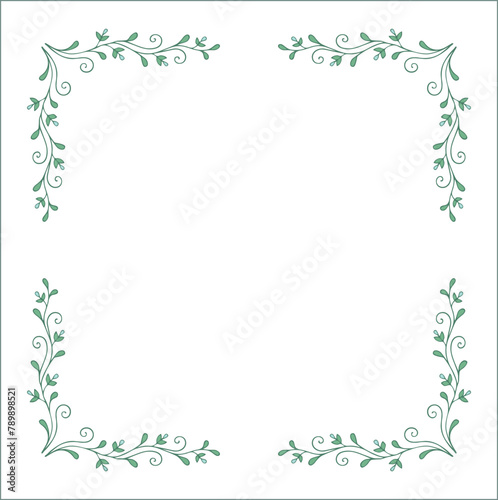 Round green vegetal ornamental frame with leaves, decorative border, corners for greeting cards, banners, business cards, invitations, menus. Isolated vector illustration. 
