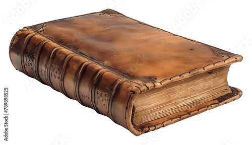 Ancient leather-bound book with weathered pages isolated on transparent background