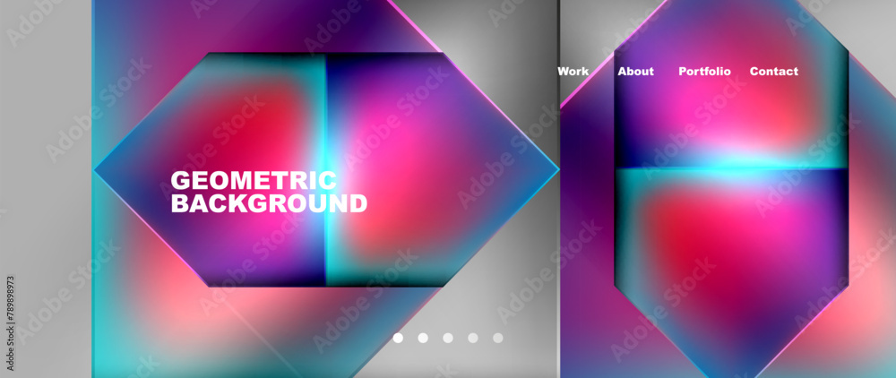 A vibrant geometric background featuring a mix of colors such as purple, violet, magenta, and electric blue in shapes like rectangles and triangles, creating a visually stunning visual effect