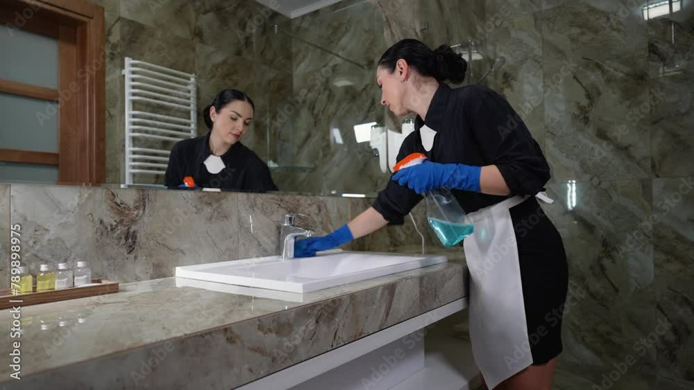 Young chambermaid cleaning wash basin in hotel bathroom Young chambermaid cleaning wash basin in hotel bathroom