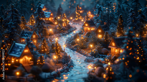 blue night low angle In the center winding road cute Create an image of a charming village scene with a soft isometric perspective. Generative Ai