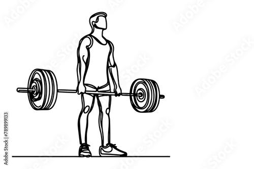 One continuous black line drawing of man lifting barbel with a heavy weight bar weightlifting at gym doodle linear drawing cartoon on white background vector