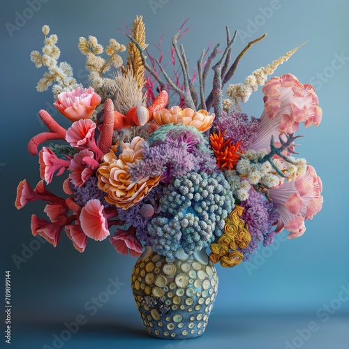 Marine-inspired floral arrangement in artistic vase