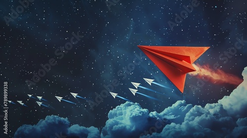 prompt A sleek red paper plane with a shadow resembling a rocket, propelling ahead of white planes against a starry night sky