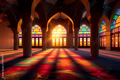 A vibrant and colorful carpet is spread across the floor of an ancient mosque © Asep
