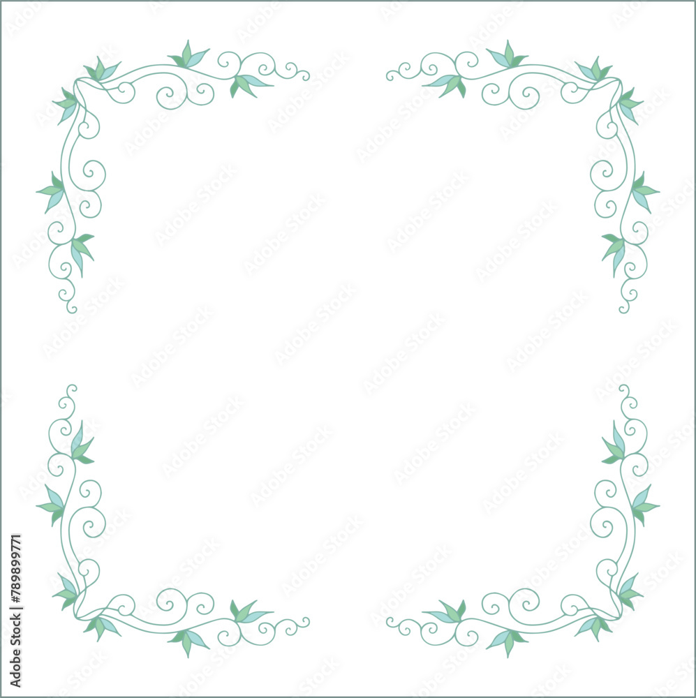 Round green vegetal ornamental frame with leaves, decorative border, corners for greeting cards, banners, business cards, invitations, menus. Isolated vector illustration.	
