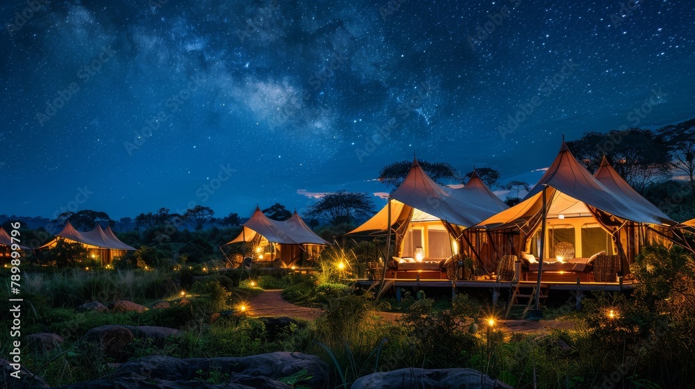 Luxurious Glamping Site at Night: A night scene of a high-end glamping site with sustainable, highlighting the comfort and elegance against a backdrop of starlit sky.