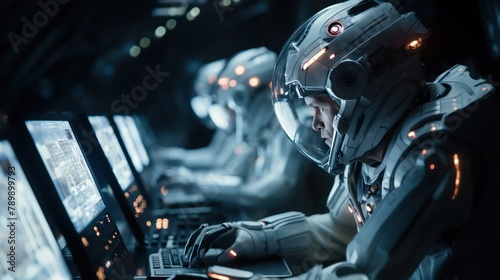 Team of astronauts in a space suits aboard the orbital station. A crew of cosmonauts piloting the spaceship. People in space. Galactic travel and science concept. photo