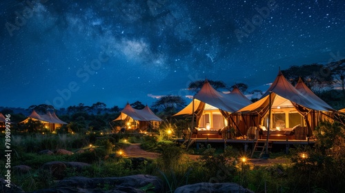 Luxurious Glamping Site at Night: A night scene of a high-end glamping site with sustainable, highlighting the comfort and elegance against a backdrop of starlit sky.