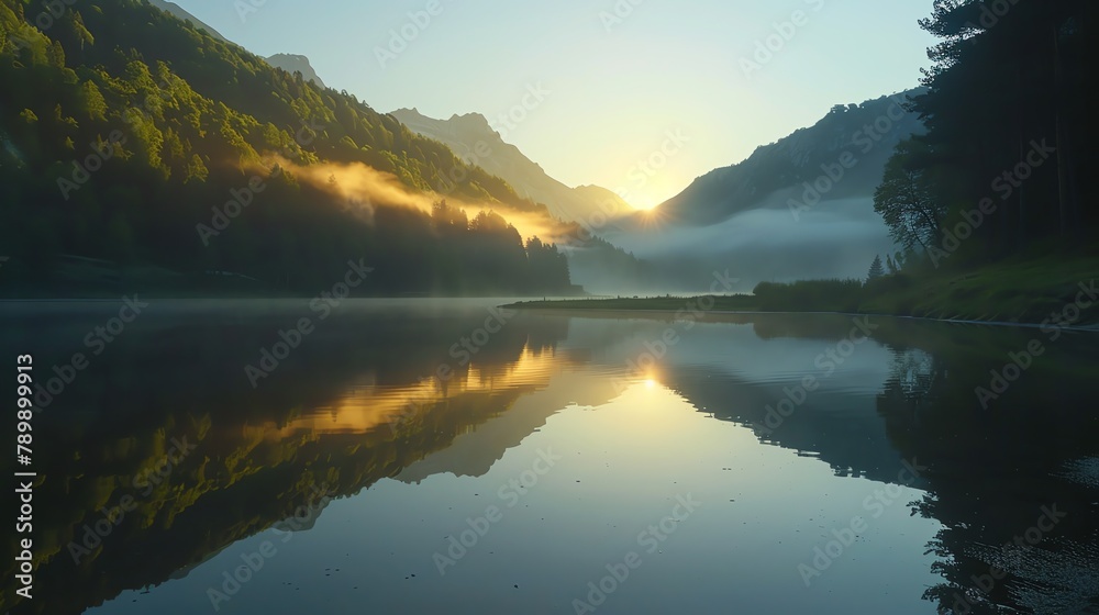 Serenity of dawn at a mountain lake, reflections of the first light