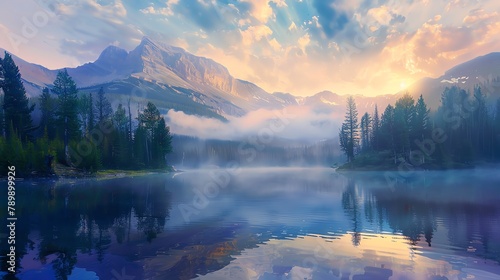 Serenity of dawn at a mountain lake  reflections of the first light