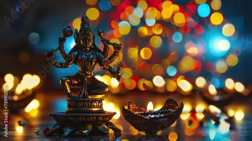 Shiva nataraja statue with diwali lamp decoration photo