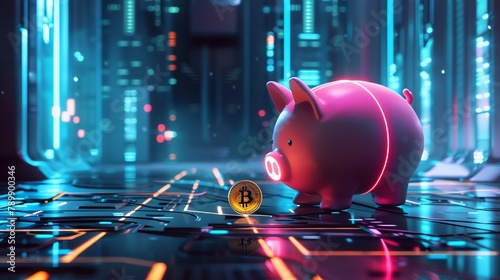 A futuristic piggy bank with neon lights, receiving a gold coin in a scifi styled setting, showcasing advanced technology in personal finance