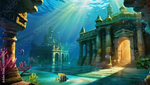 versunkene Stadt im Ozean mit geheimnissvollem Licht , Atlantis? KI Generated photo