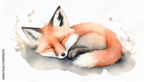 Sleeping little fox watercolor. Watercolor animal background. © Zaheer