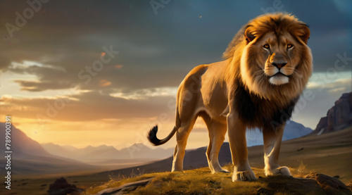 Majestätischer Löwe auf einem Hügel schaut genau zur Kamera. KI Generated