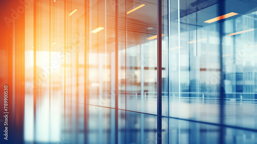 Blurred glass wall of modern business office building at the business center use for background in business concept. Blur corporate business office. Abstract windows with a blue tint