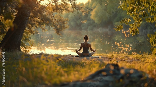 Person practicing yoga in a peaceful outdoor setting, using meditation as a form of selftherapy and relaxation