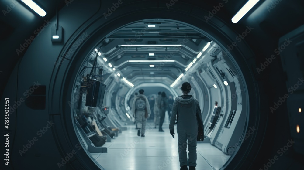 Team of astronauts in a space suits aboard the orbital station. A crew of cosmonauts piloting the spaceship. People in space. Galactic travel and science concept. Team of astronauts in a space suits aboard the orbital station. A crew of cosmonauts piloting the spaceship. People in space. Galactic travel and science concept.